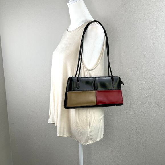 Colorblock Black Red Tan Faux Leather Shoulder Bag Handbag Purse Small - Picture 3 of 14